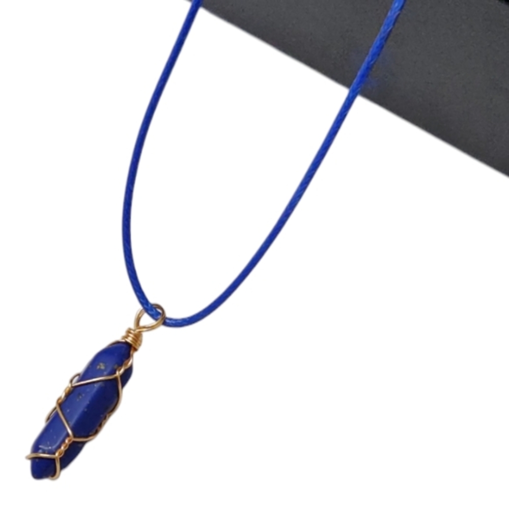 Healing Crystal 14K Gold Wire Wrapped Lapis‎ Lazuli Stone Point Pendant Necklace